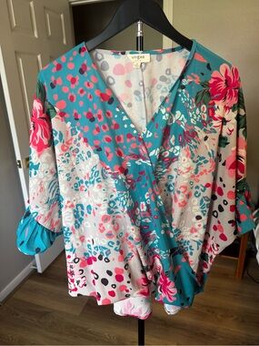 Umgee Teal Floral & Pink Patterned Wrap Blouse